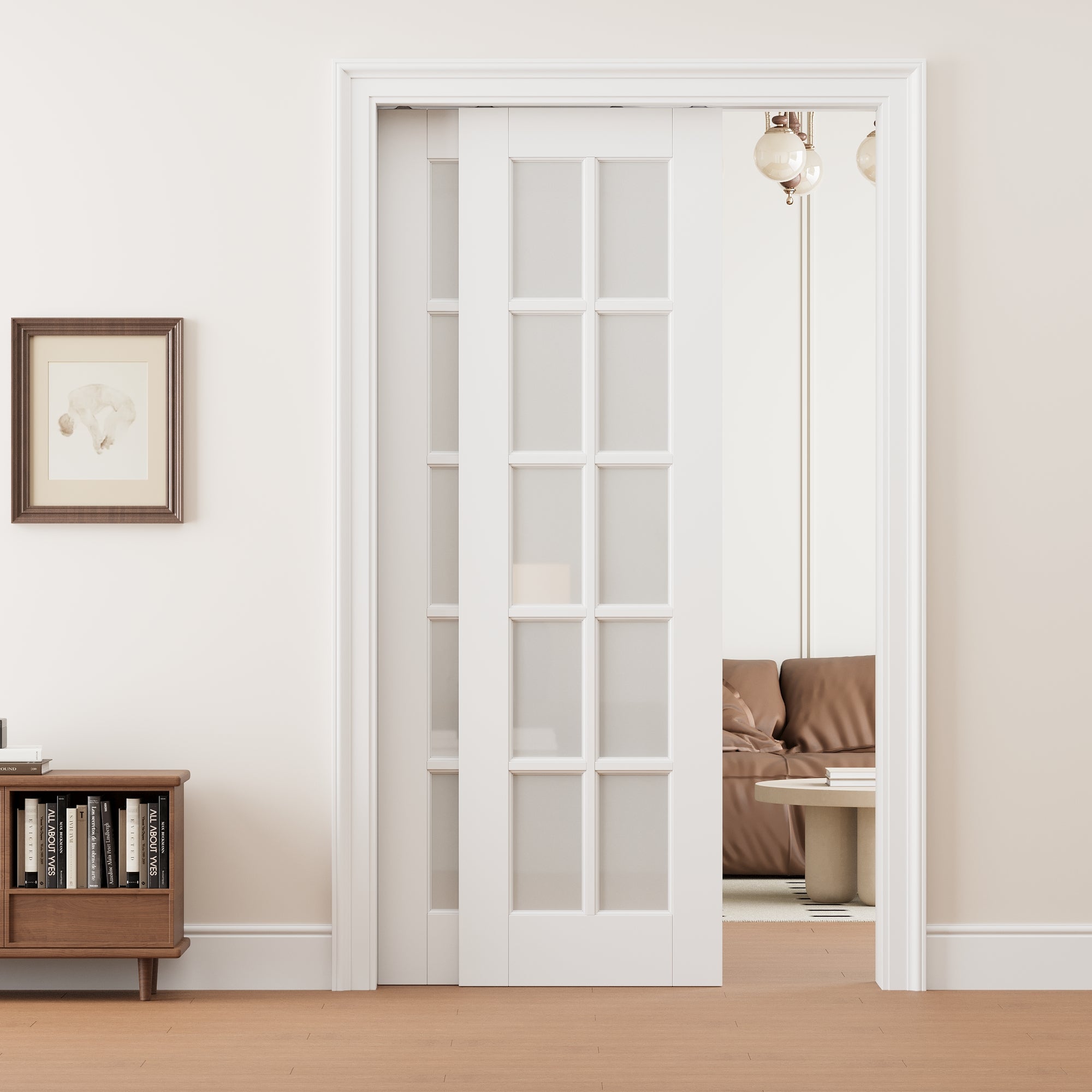 Ark Design 10 lite Frosted Glass Double Bypass Pocket Door with Hardware Kit & Soft Close & Frame, Solid Core MDF Wood & Paint-grade Finished, White