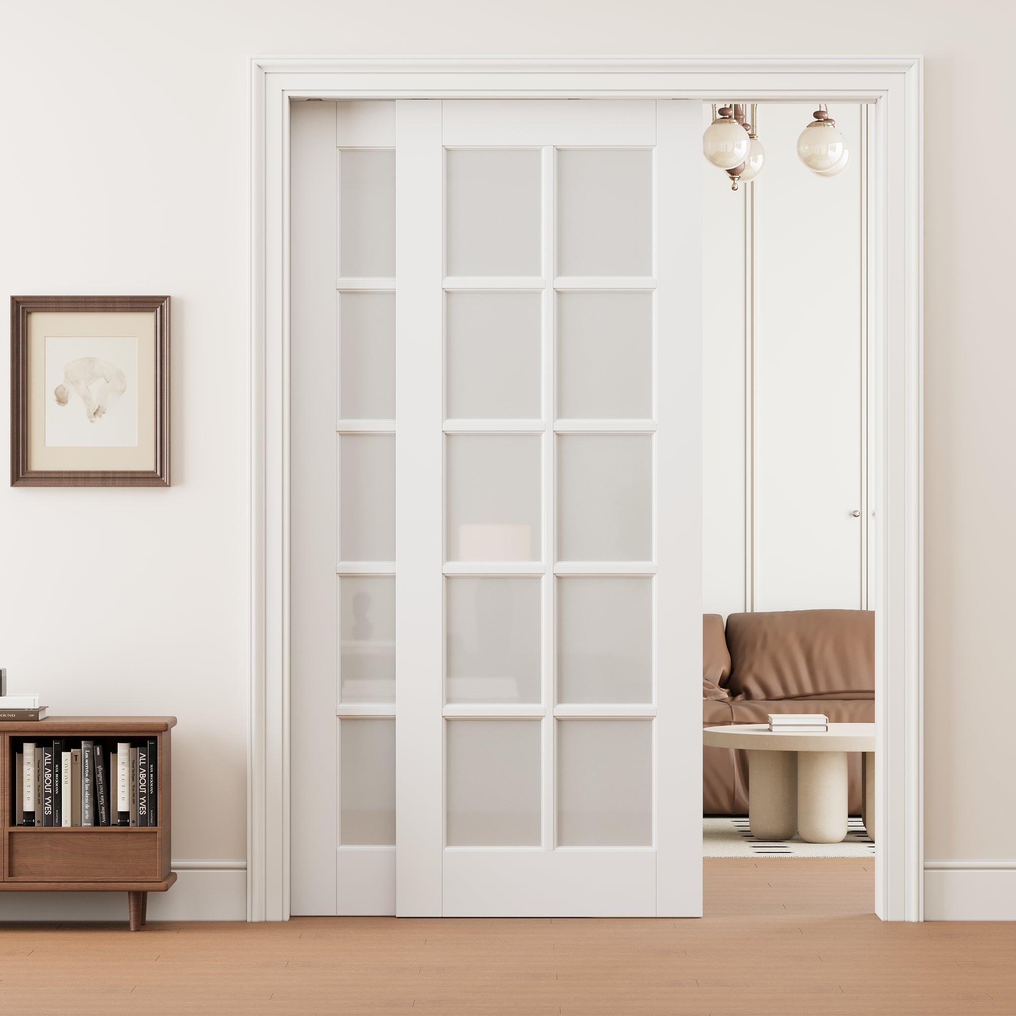 Ark Design 10 lite Frosted Glass Double Bypass Pocket Door with Hardware Kit & Soft Close & Frame, Solid Core MDF Wood & Paint-grade Finished, White