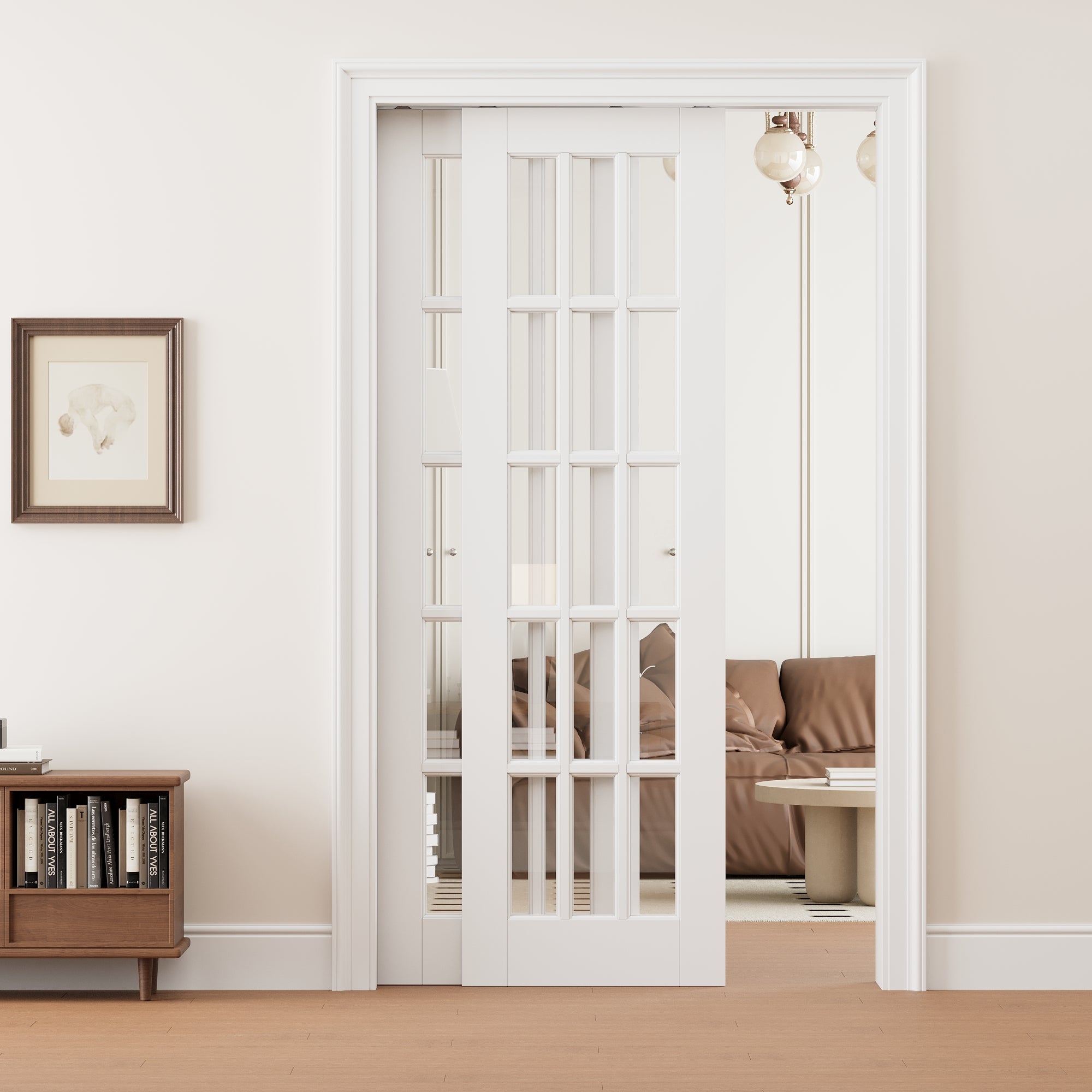 Ark Design 15 Lite Clear Glass Double Bypass Pocket Door with Hardware Kit & Soft Close & Frame, Solid Core MDF Wood & Paint-grade Finished, White