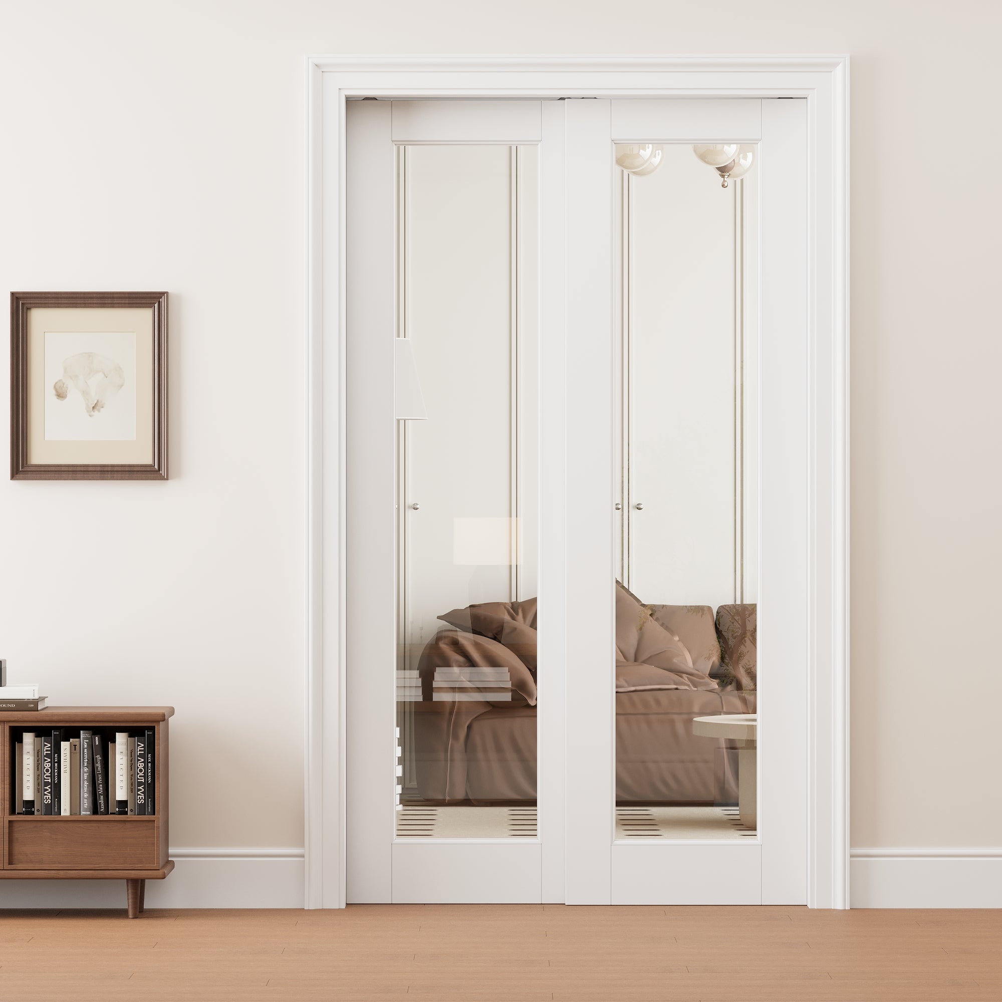 Ark Design 1 Lite Clear Glass Double Bypass Pocket Door with Hardware Kit & Soft Close & Frame, Solid Core MDF Wood & Paint-grade Finished, White