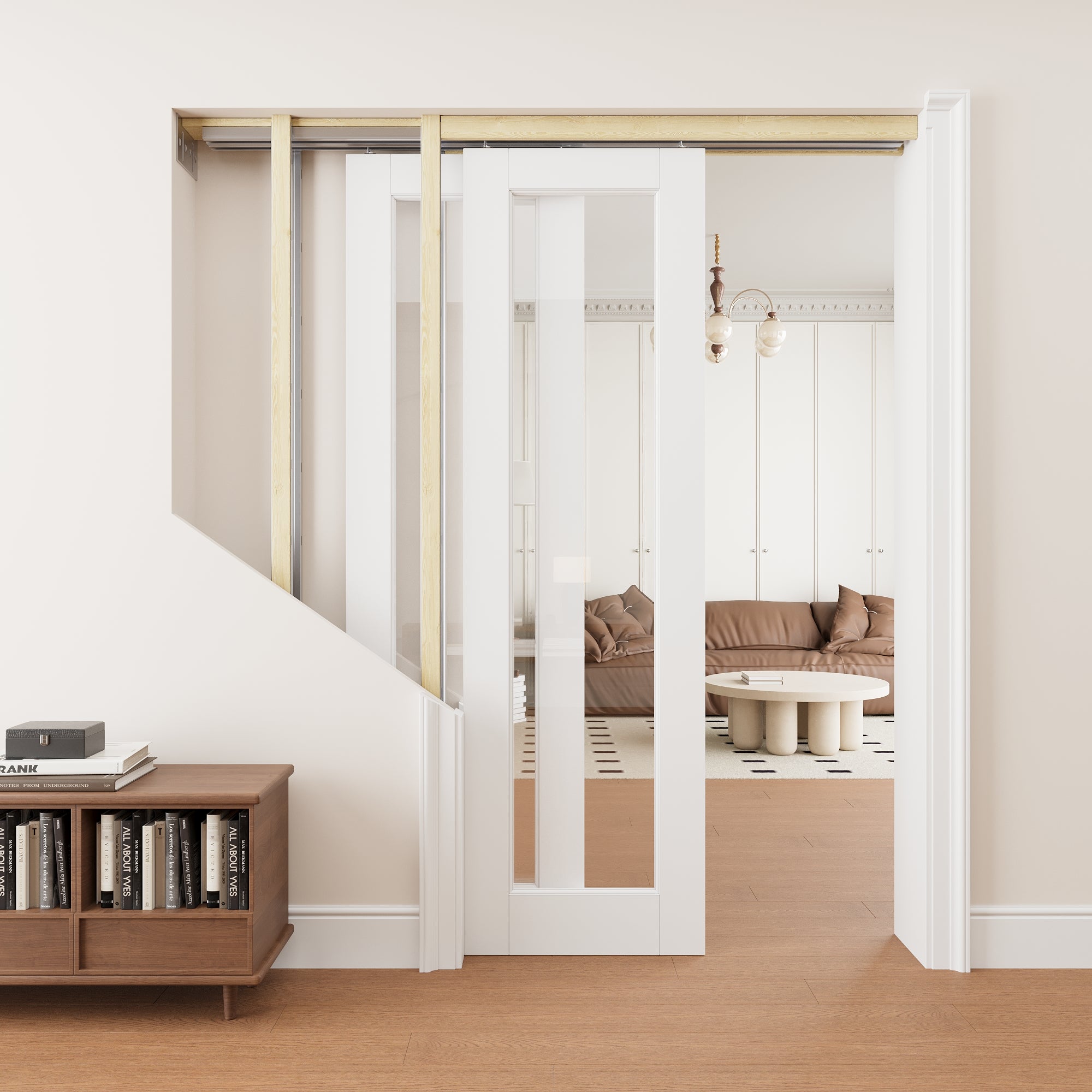 Ark Design 1 Lite Clear Glass Double Bypass Pocket Door with Hardware Kit & Soft Close & Frame, Solid Core MDF Wood & Paint-grade Finished, White
