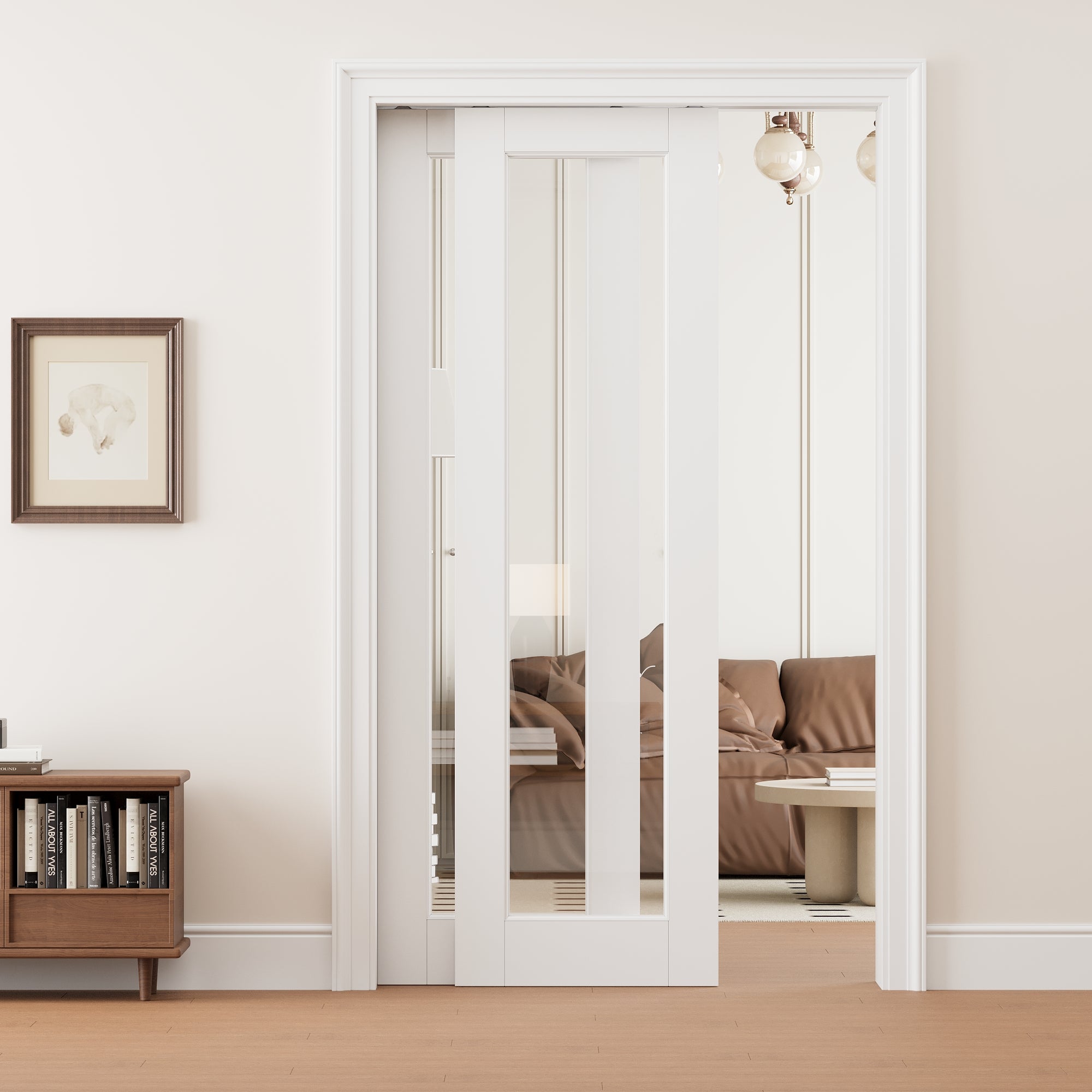 Ark Design 1 Lite Clear Glass Double Bypass Pocket Door with Hardware Kit & Soft Close & Frame, Solid Core MDF Wood & Paint-grade Finished, White
