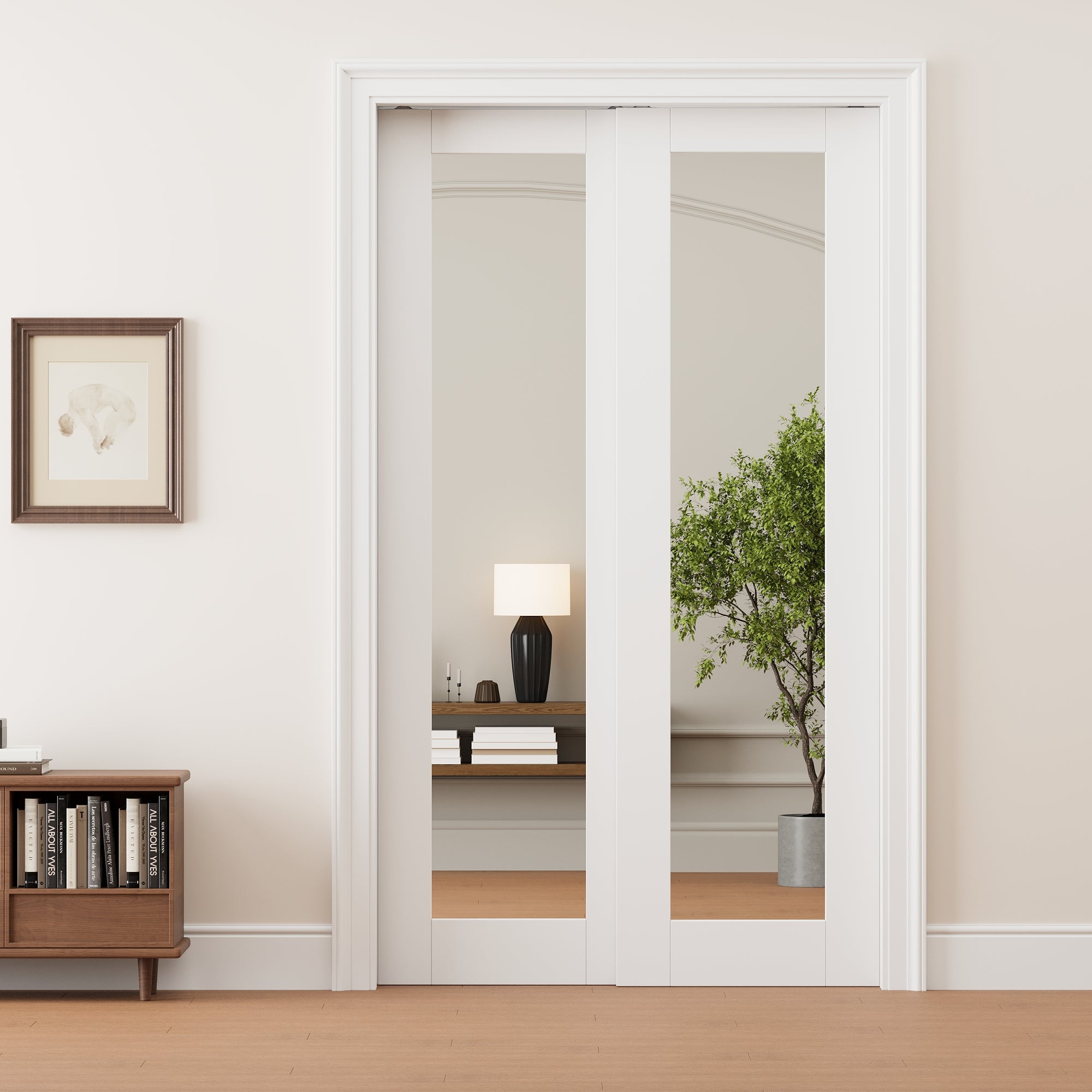 Ark Design 1 Lite Double Side Mirror Double Bypass Pocket Door with Hardware Kit & Soft Close & Frame, Solid Core MDF Wood & Paint-grade Finished, White
