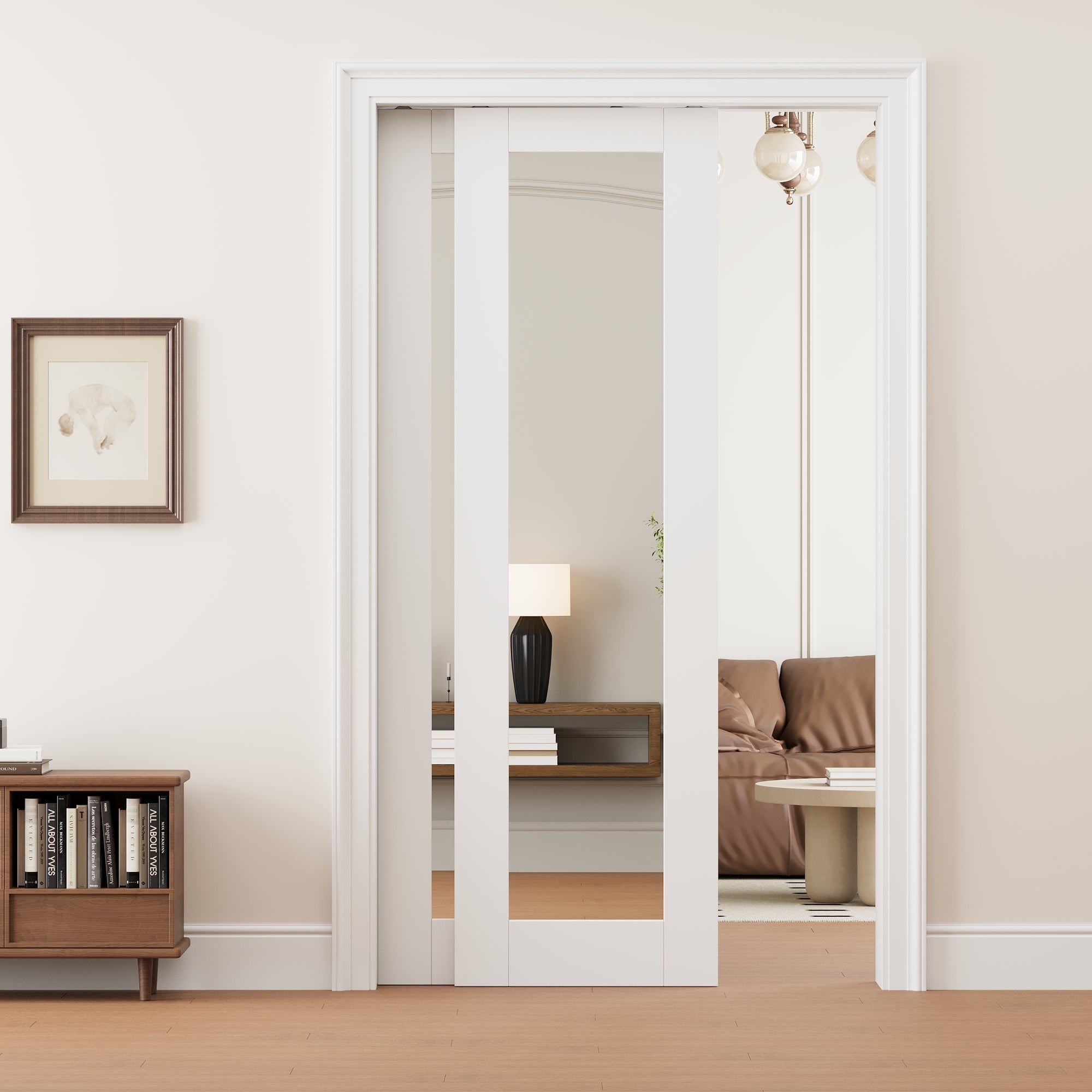 Ark Design 1 Lite Double Side Mirror Double Bypass Pocket Door with Hardware Kit & Soft Close & Frame, Solid Core MDF Wood & Paint-grade Finished, White