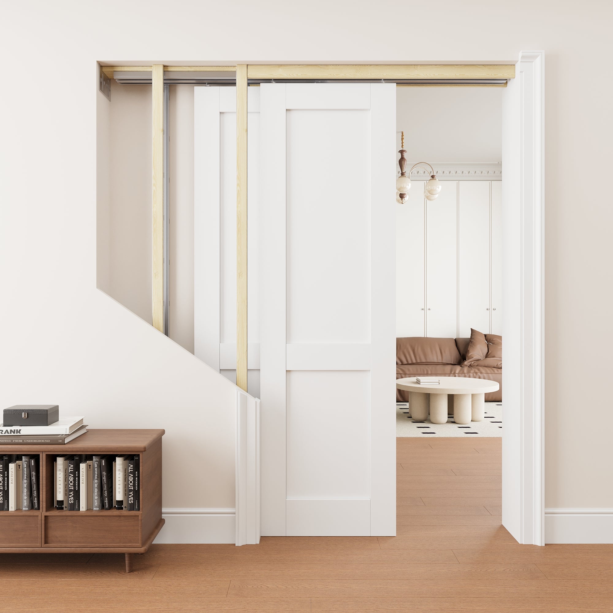 Ark Design 2 Panel Double Bypass Pocket Door with Hardware Kit & Soft Close & Frame, Solid Core MDF Wood & Paint-grade Finished, White
