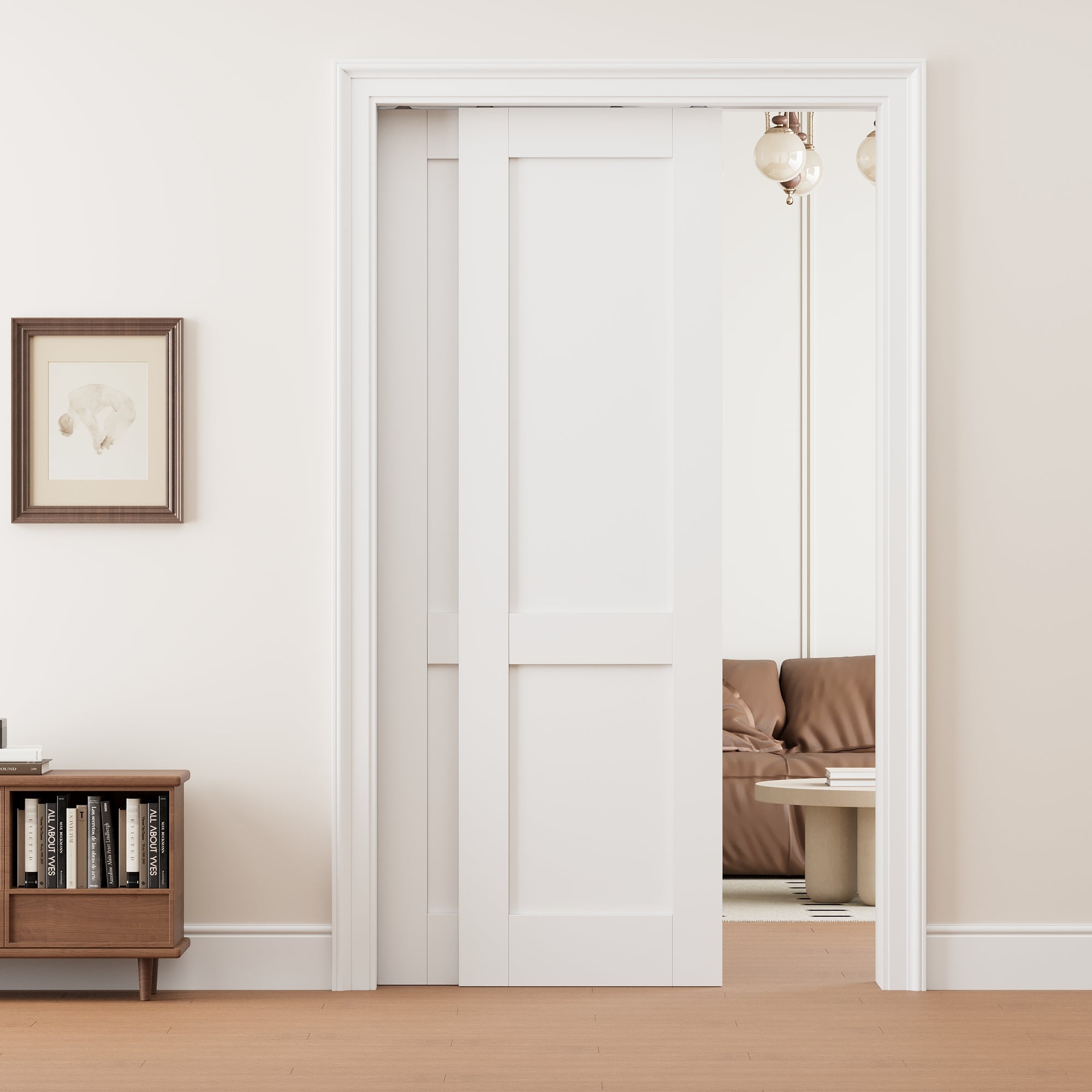Ark Design 2 Panel Double Bypass Pocket Door with Hardware Kit & Soft Close & Frame, Solid Core MDF Wood & Paint-grade Finished, White