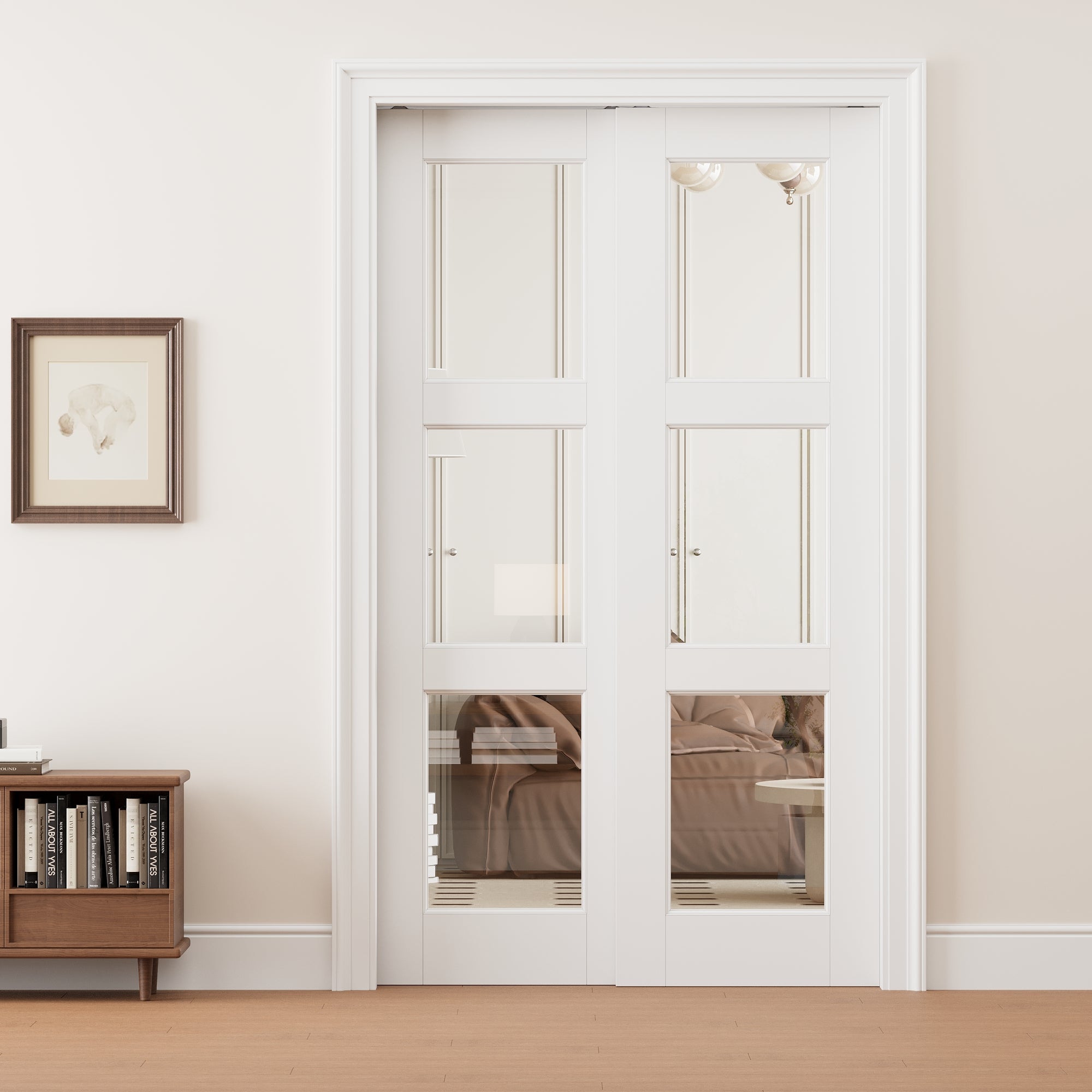 Ark Design 3 Lite Clear Glass Double Bypass Pocket Door with Hardware Kit & Soft Close & Frame, Solid Core MDF Wood & Paint-grade Finished, White