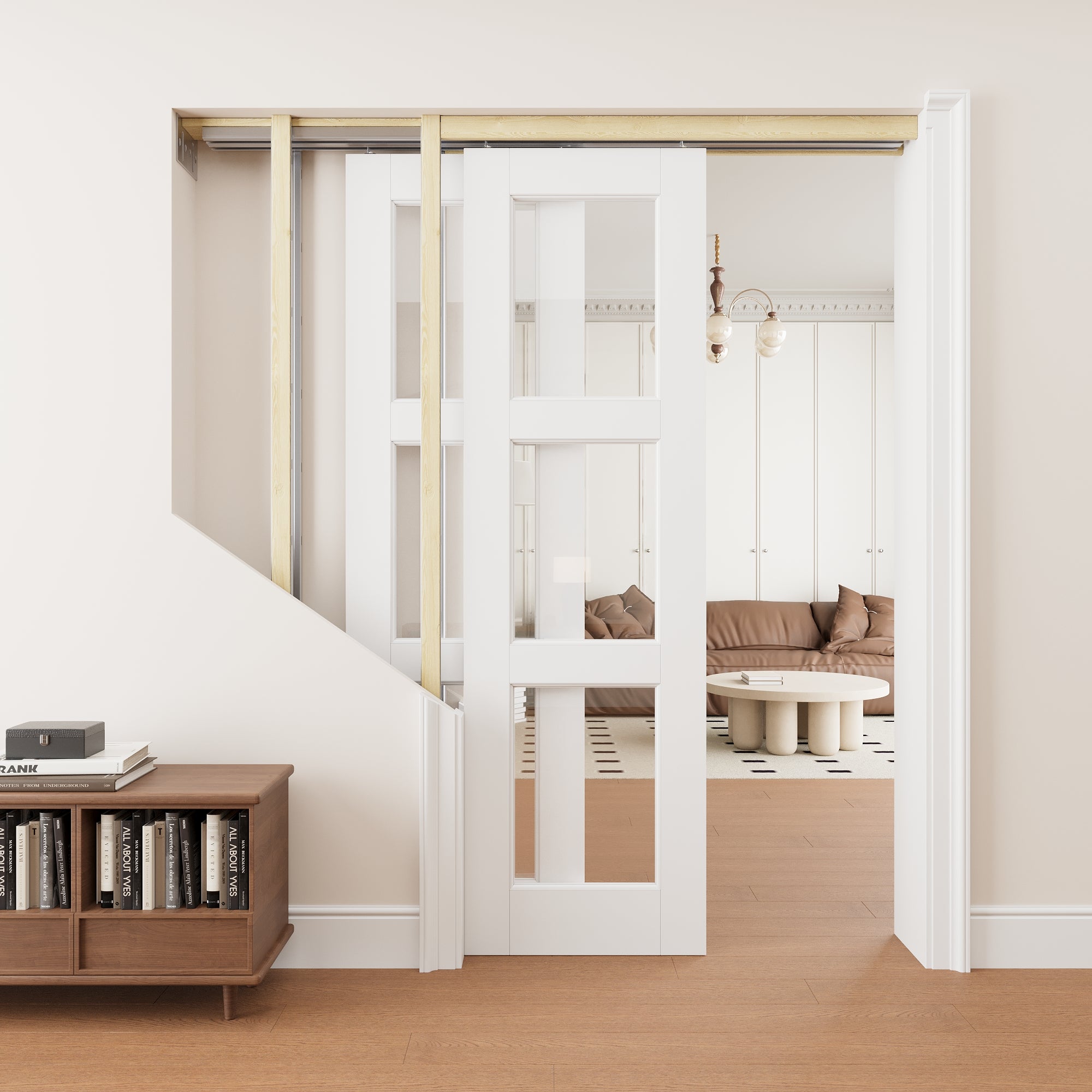 Ark Design 3 Lite Clear Glass Double Bypass Pocket Door with Hardware Kit & Soft Close & Frame, Solid Core MDF Wood & Paint-grade Finished, White