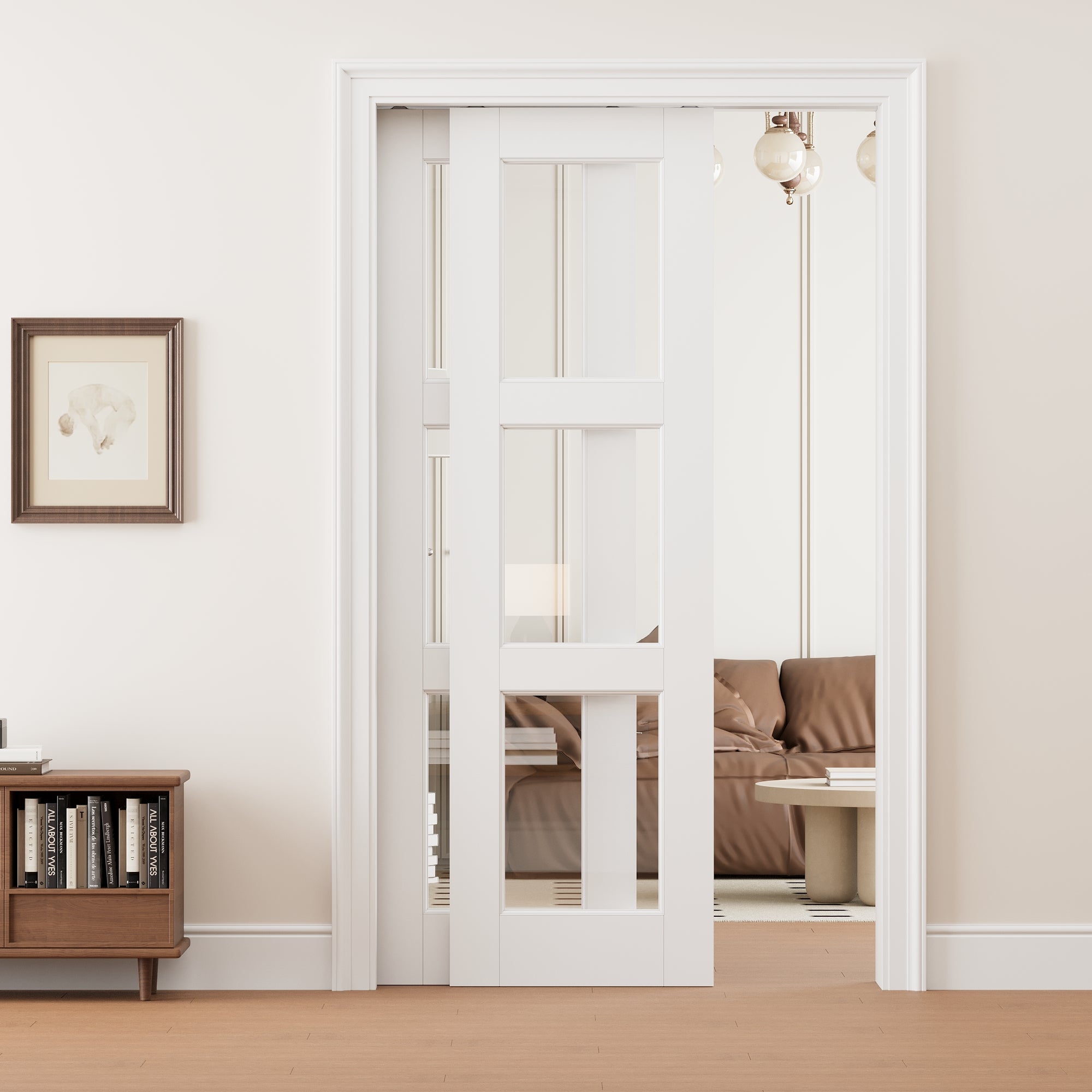 Ark Design 3 Lite Clear Glass Double Bypass Pocket Door with Hardware Kit & Soft Close & Frame, Solid Core MDF Wood & Paint-grade Finished, White