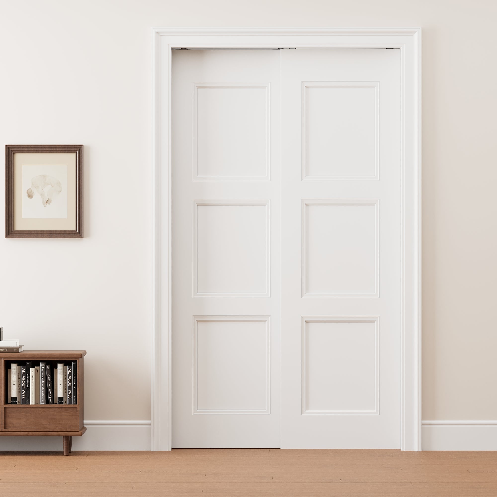 Ark Design 3 Panel Double Bypass Pocket Door with Hardware Kit & Soft Close & Frame, Solid Core MDF Wood & Paint-grade Finished, White