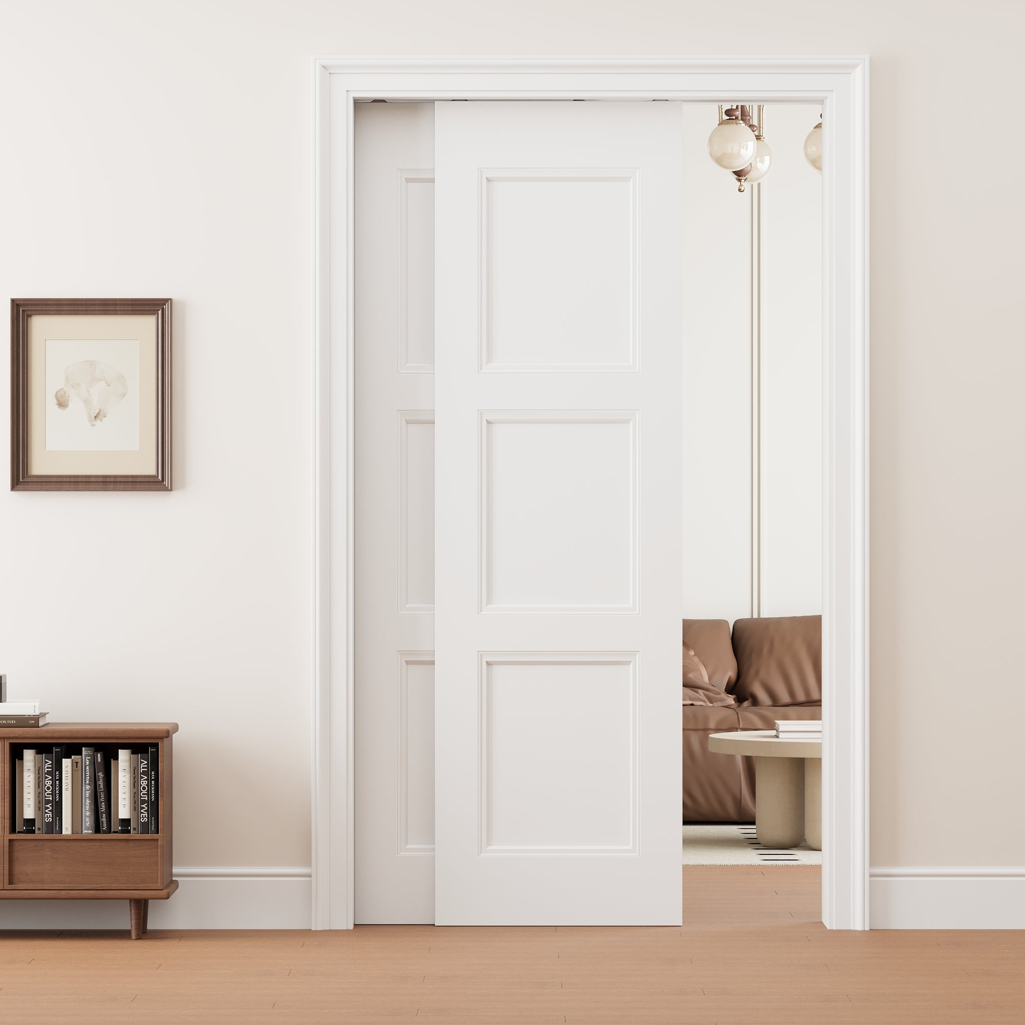 Ark Design 3 Panel Double Bypass Pocket Door with Hardware Kit & Soft Close & Frame, Solid Core MDF Wood & Paint-grade Finished, White