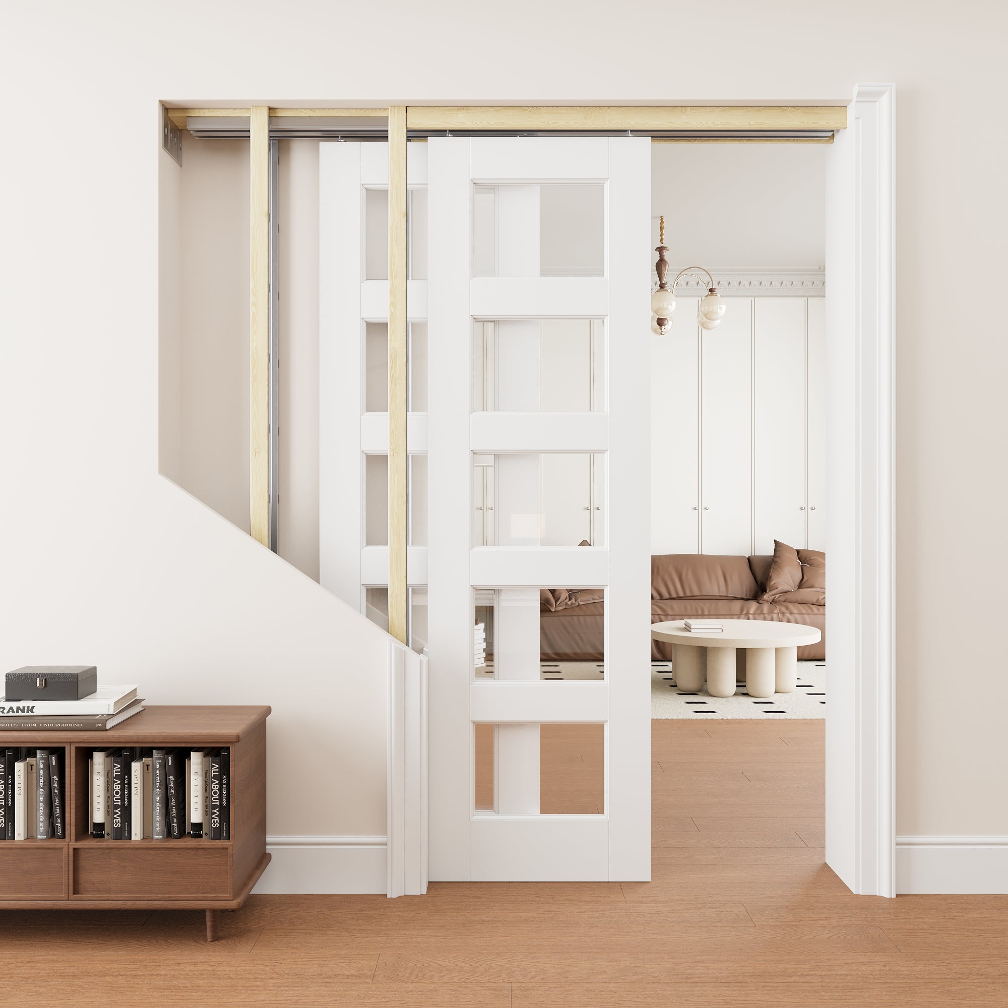 Ark Design 5 Lite Clear Glass Double Bypass Pocket Door with Hardware Kit & Soft Close & Frame, Solid Core MDF Wood & Paint-grade Finished, White