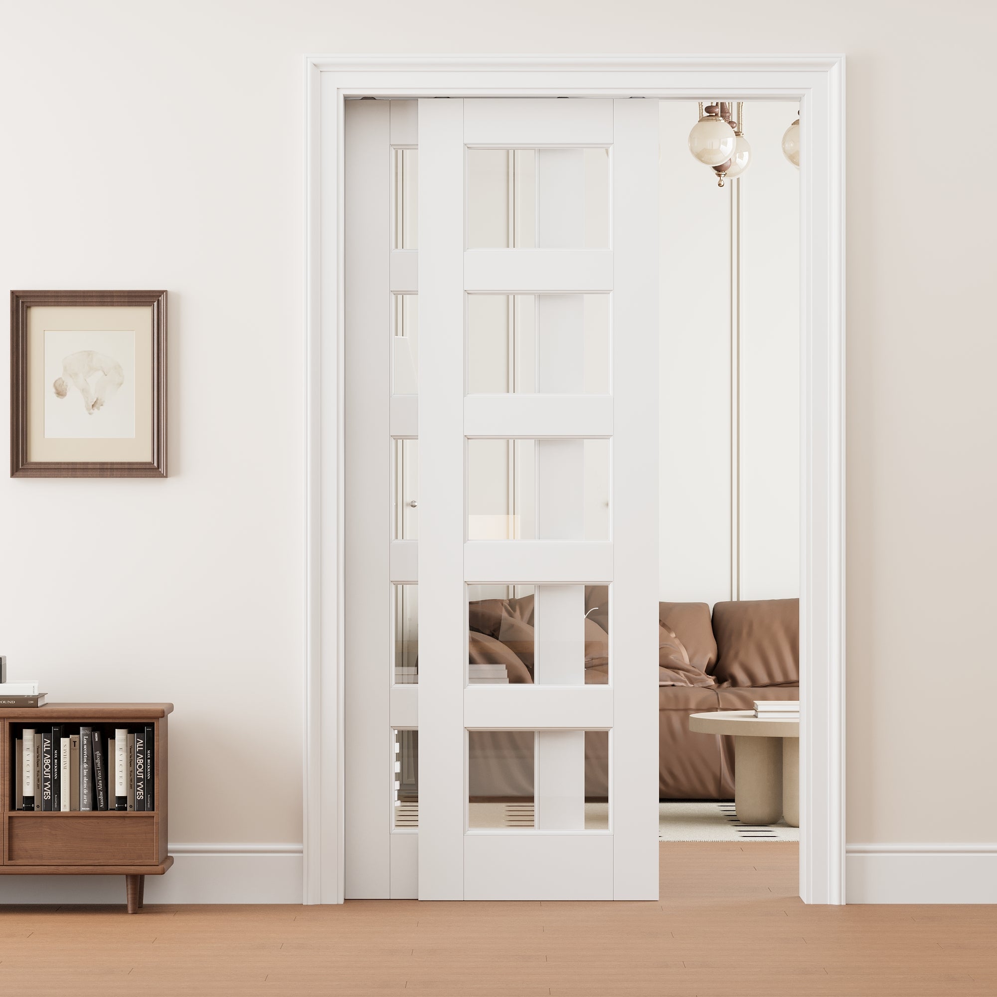 Ark Design 5 Lite Clear Glass Double Bypass Pocket Door with Hardware Kit & Soft Close & Frame, Solid Core MDF Wood & Paint-grade Finished, White