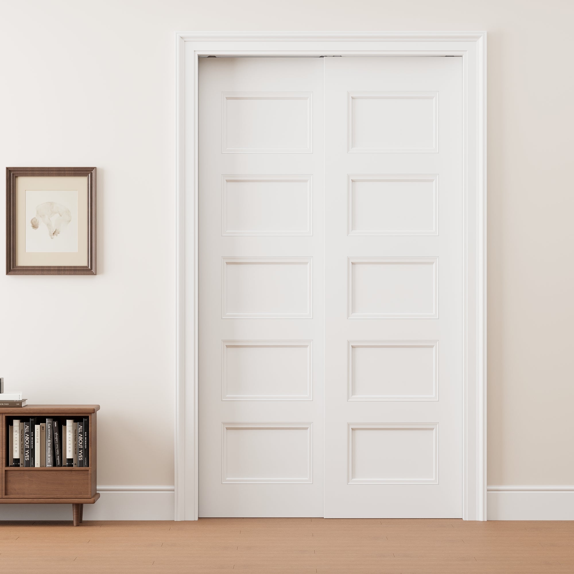 Ark Design 5 Panel Double Bypass Pocket Door with Hardware Kit & Soft Close & Frame, Solid Core MDF Wood & Paint-grade Finished, White