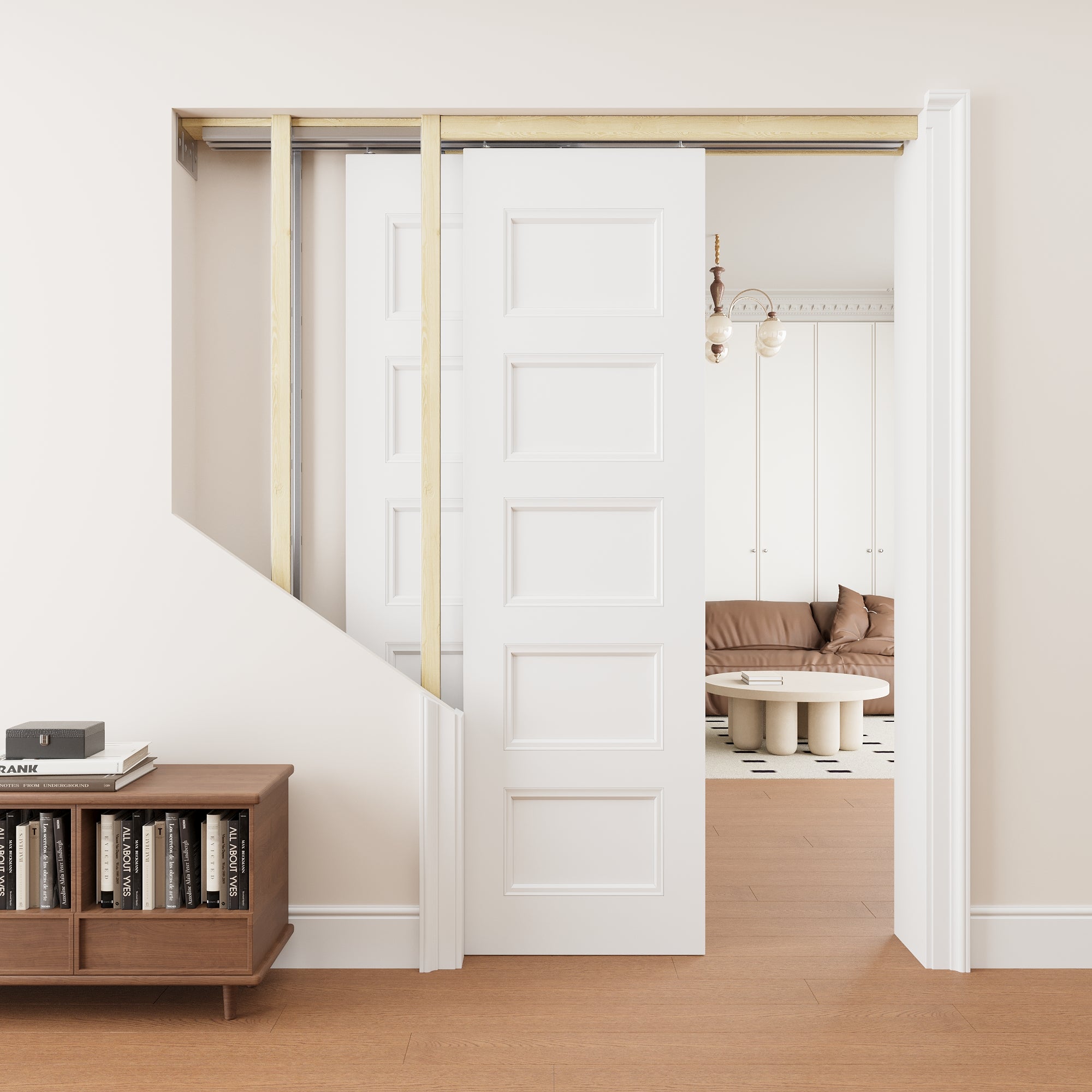 Ark Design 5 Panel Double Bypass Pocket Door with Hardware Kit & Soft Close & Frame, Solid Core MDF Wood & Paint-grade Finished, White