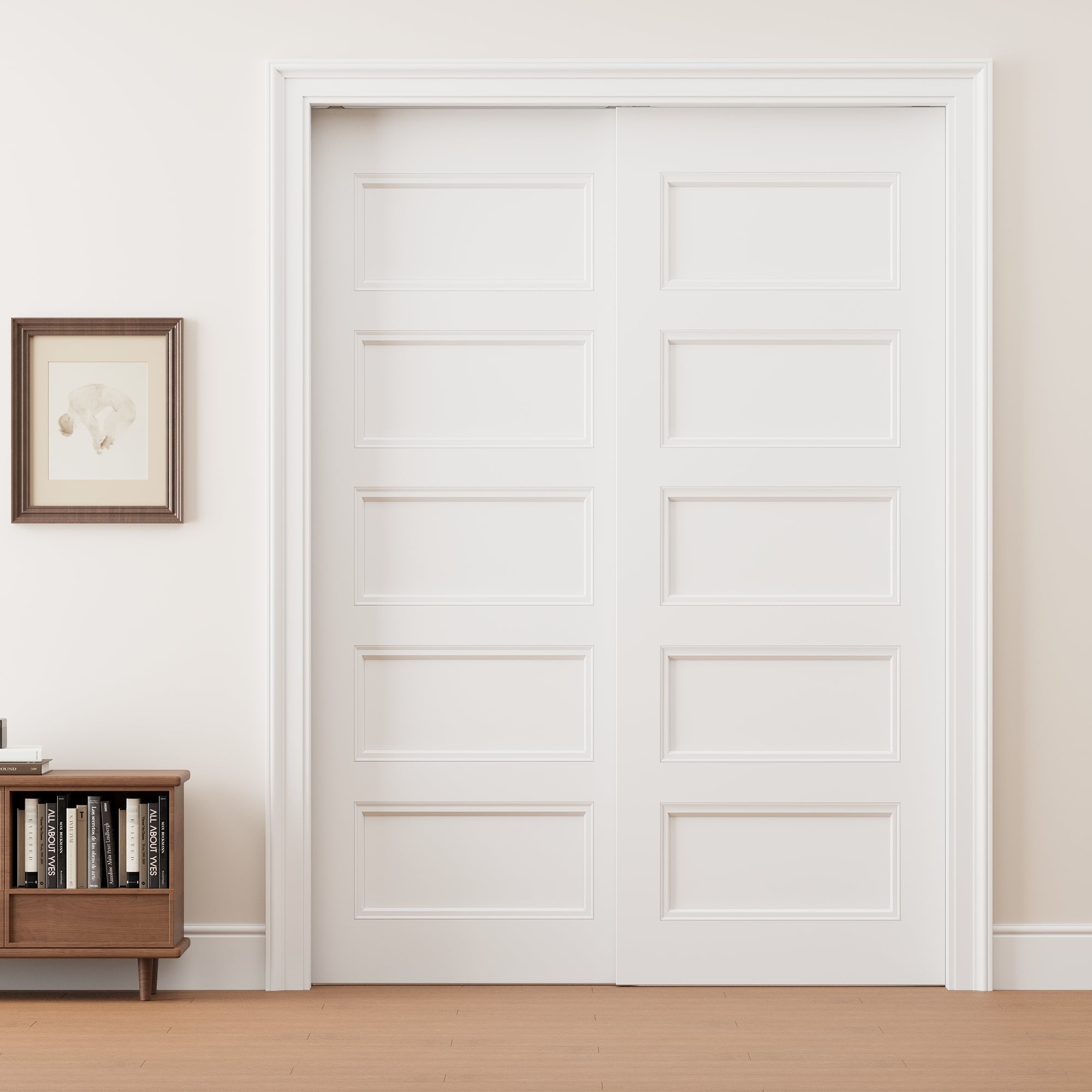 Ark Design 5 Panel Double Bypass Pocket Door with Hardware Kit & Soft Close & Frame, Solid Core MDF Wood & Paint-grade Finished, White