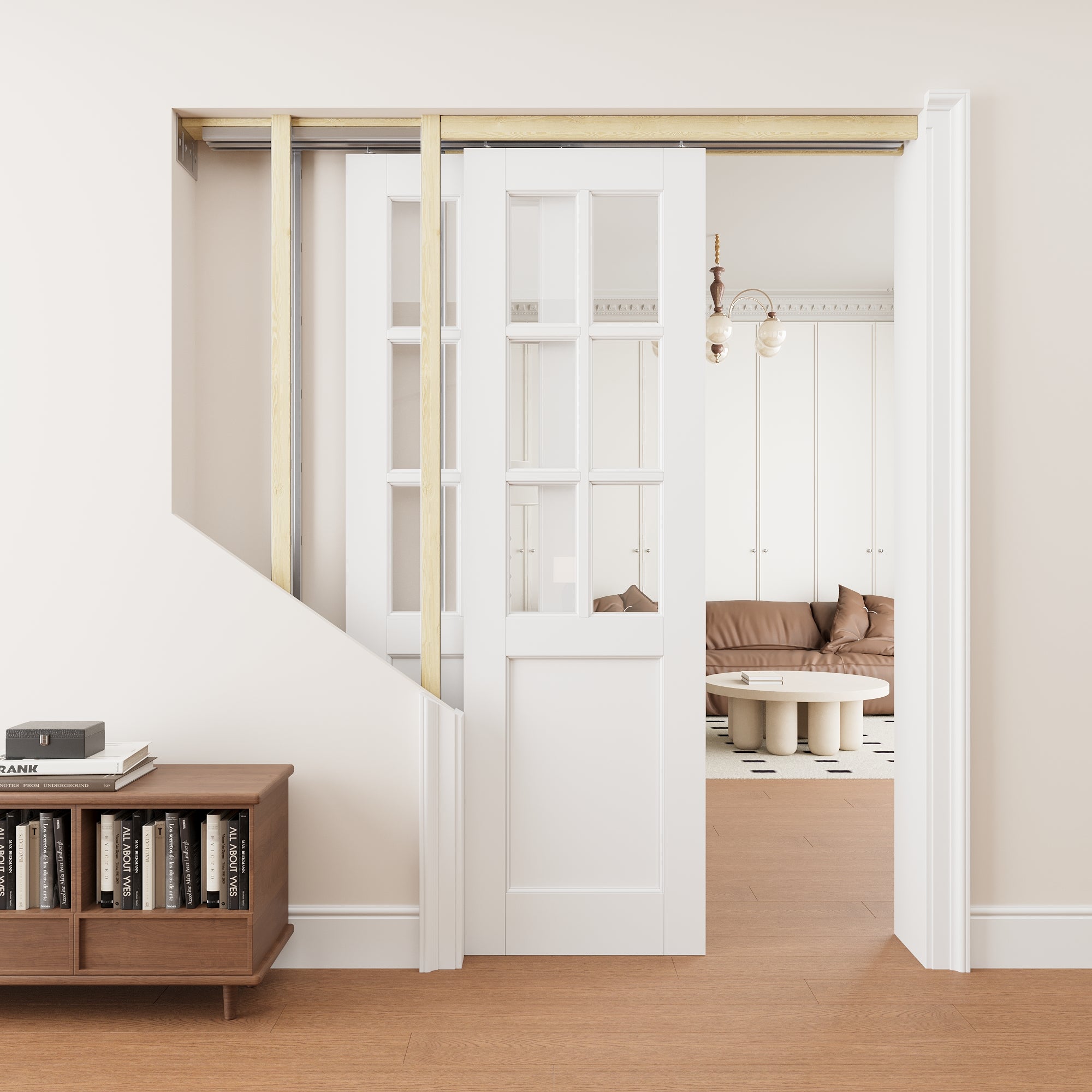 Ark Design 6 Lite Clear Glass Double Bypass Pocket Door with Hardware Kit & Soft Close & Frame, Solid Core MDF Wood & Paint-grade Finished, White
