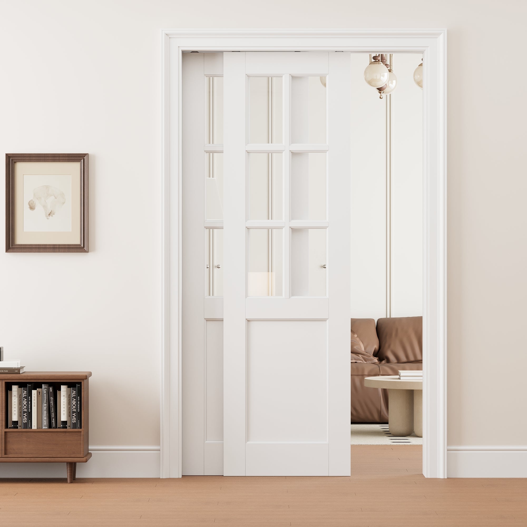 Ark Design 6 Lite Clear Glass Double Bypass Pocket Door with Hardware Kit & Soft Close & Frame, Solid Core MDF Wood & Paint-grade Finished, White
