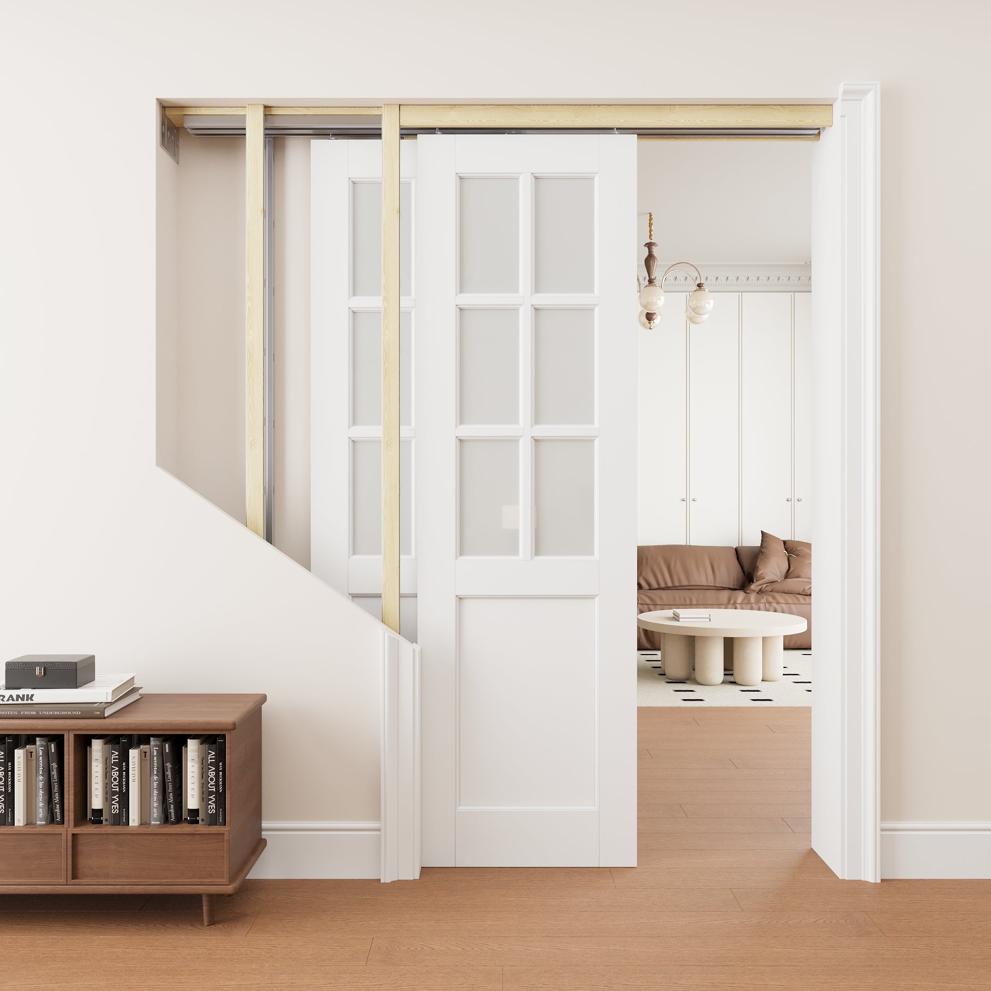 Ark Design 6 Lite Frosted Glass Double Bypass Pocket Door with Hardware Kit & Soft Close & Frame, Solid Core MDF Wood & Paint-grade Finished, White