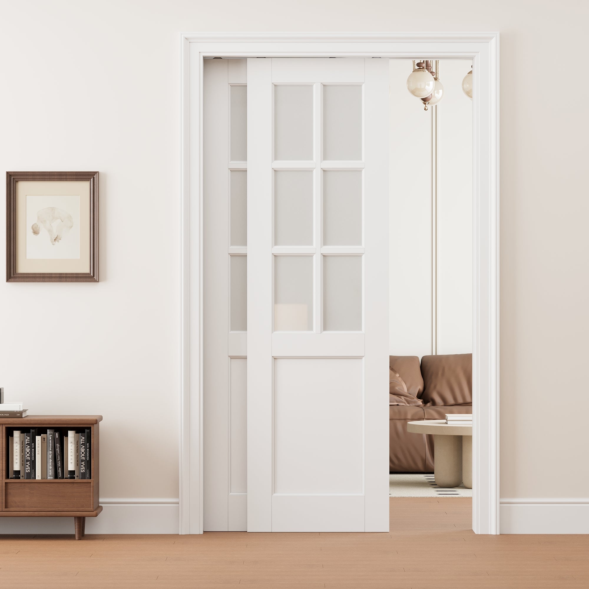 Ark Design 6 Lite Frosted Glass Double Bypass Pocket Door with Hardware Kit & Soft Close & Frame, Solid Core MDF Wood & Paint-grade Finished, White