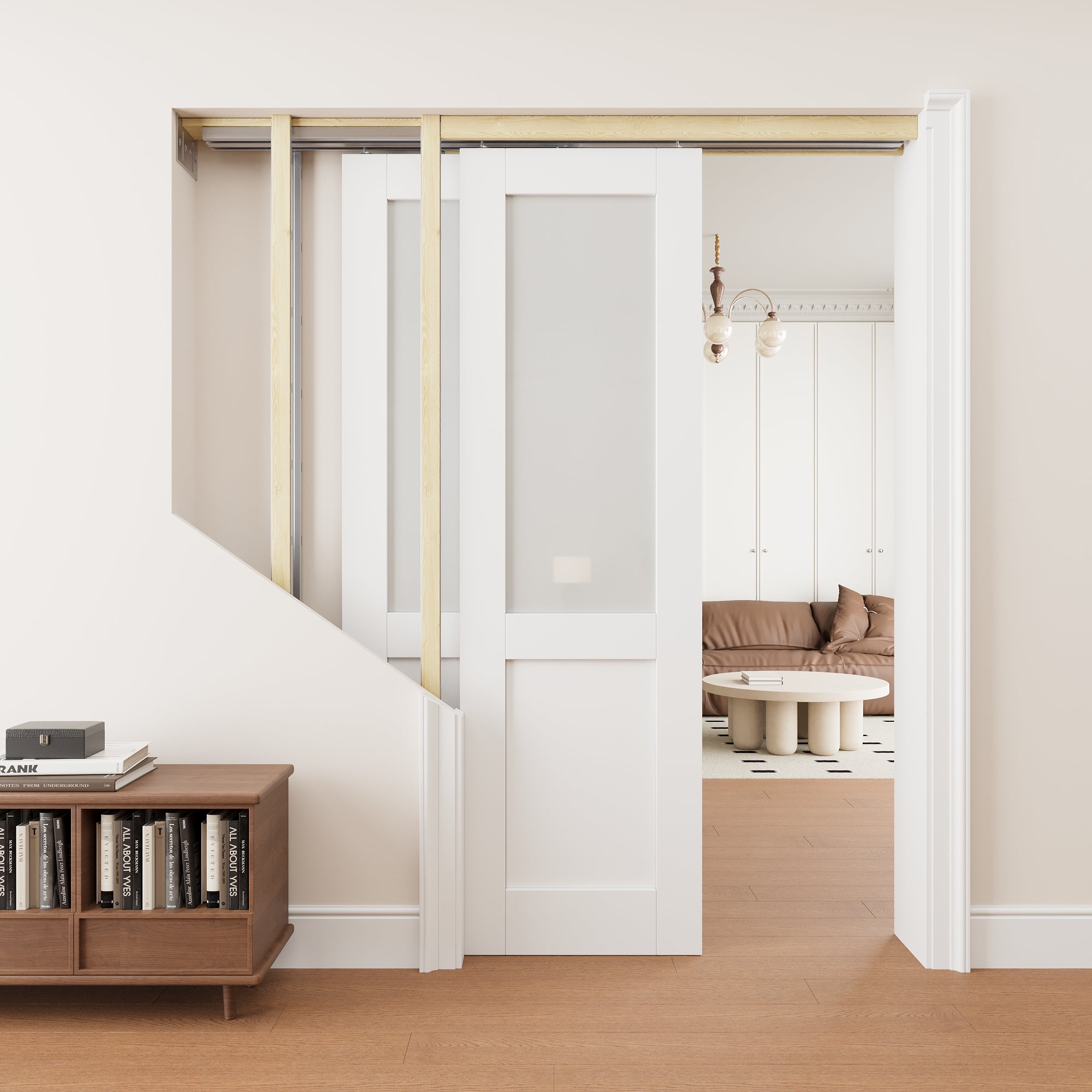 Ark Design Half Lite Frosted Glass Double Bypass Pocket Door with Hardware Kit & Soft Close & Frame, Solid Core MDF Wood & Paint-grade Finished, White
