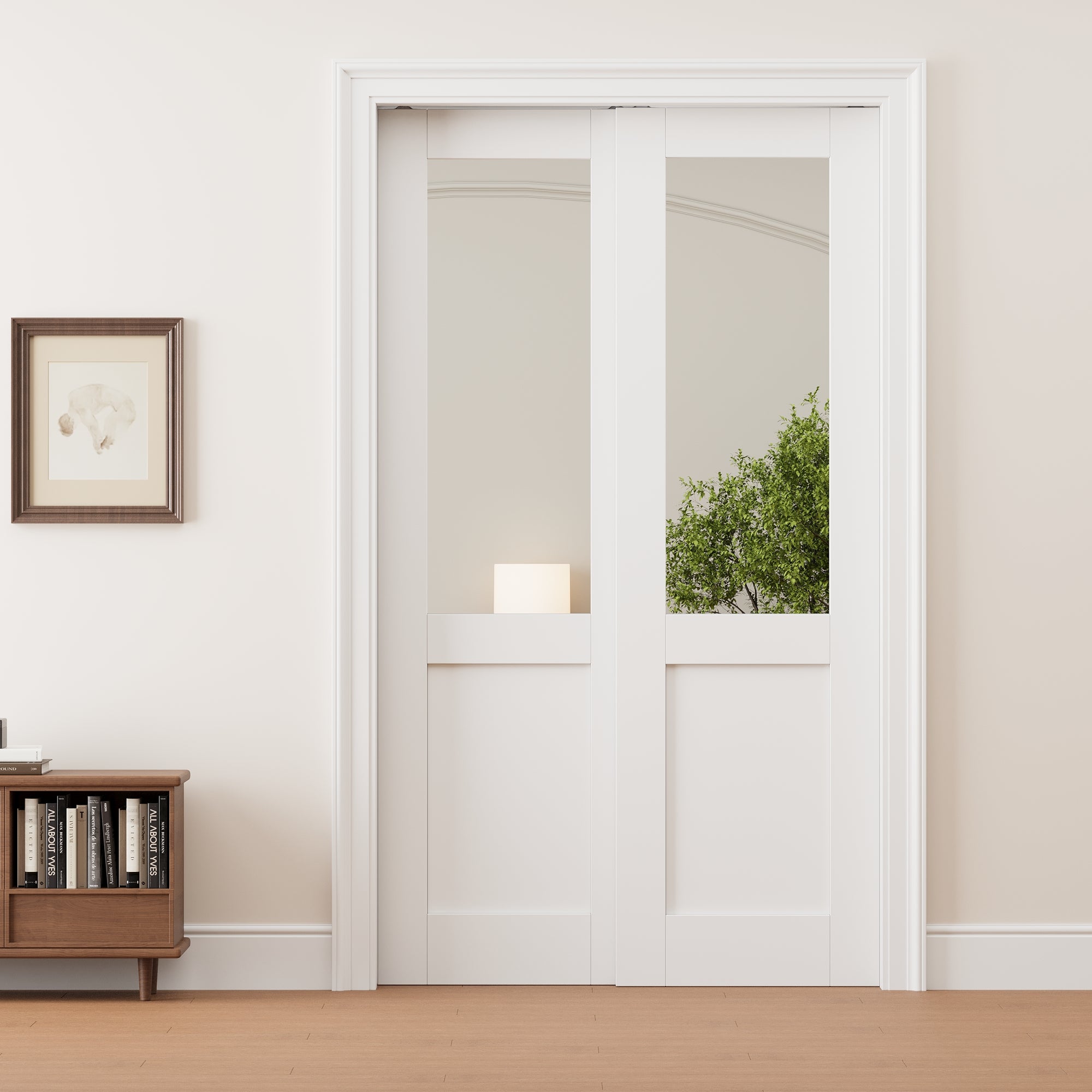 Ark Design Half Lite Mirror Double Bypass Pocket Door with Hardware Kit & Soft Close & Frame, Solid Core MDF Wood & Paint-grade Finished, White