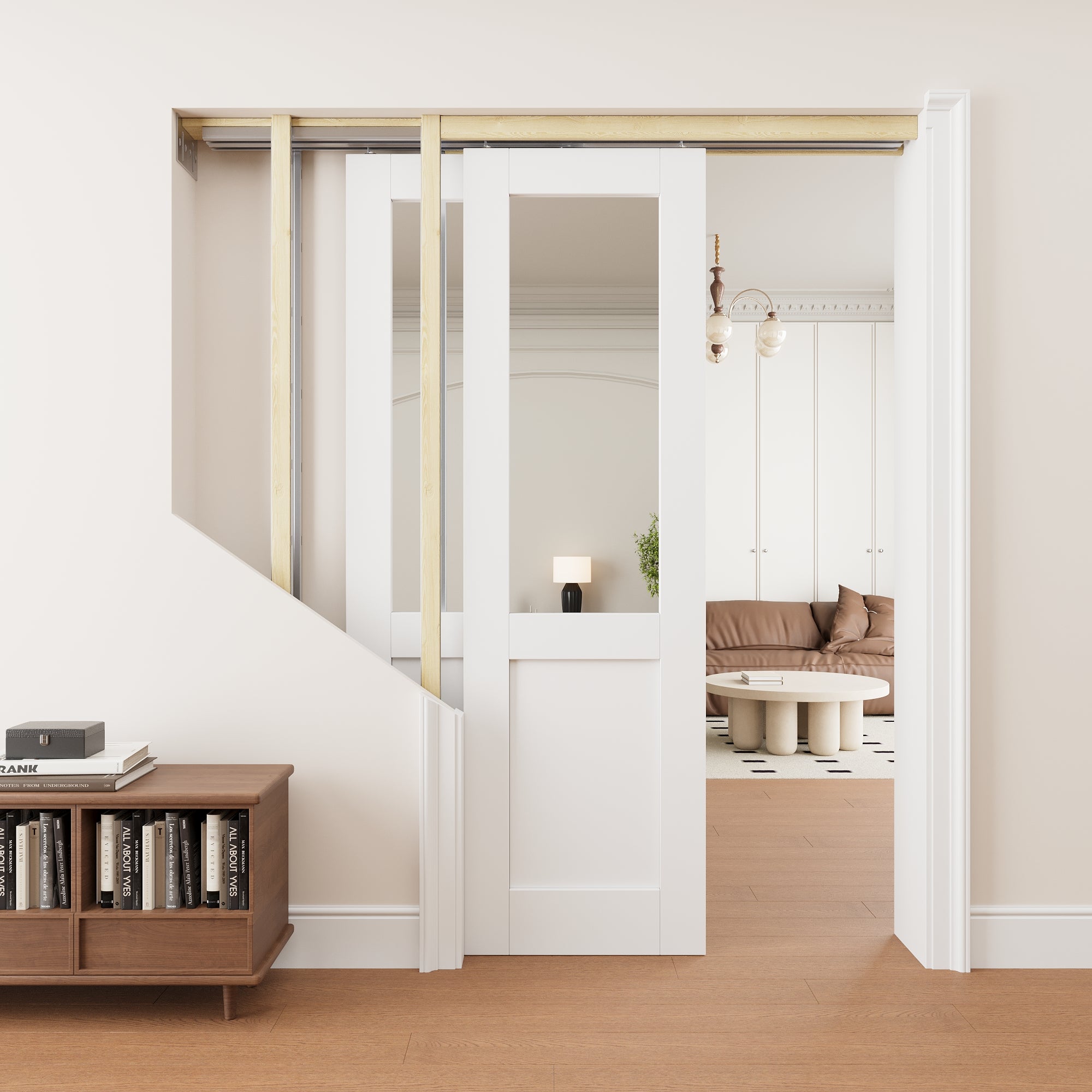 Ark Design Half Lite Mirror Double Bypass Pocket Door with Hardware Kit & Soft Close & Frame, Solid Core MDF Wood & Paint-grade Finished, White