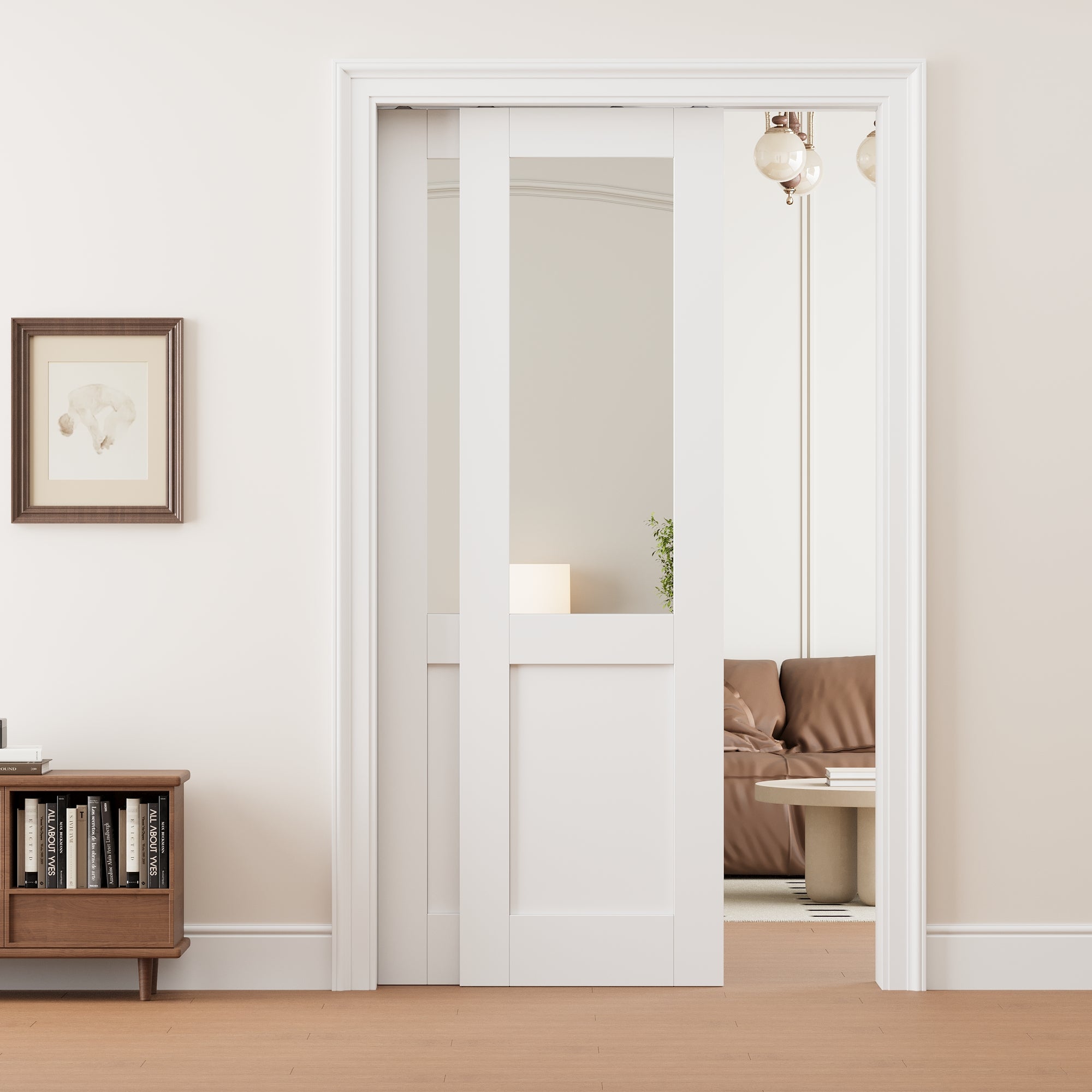 Ark Design Half Lite Mirror Double Bypass Pocket Door with Hardware Kit & Soft Close & Frame, Solid Core MDF Wood & Paint-grade Finished, White