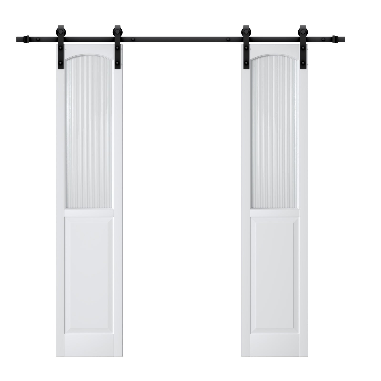 Ark Design Double Sliding Barn Door, Half Lite Moru Glass, Solid Core MDF Wood & PVC Covered Finished, with Hardware Kit & Handle & Floor Guide, White